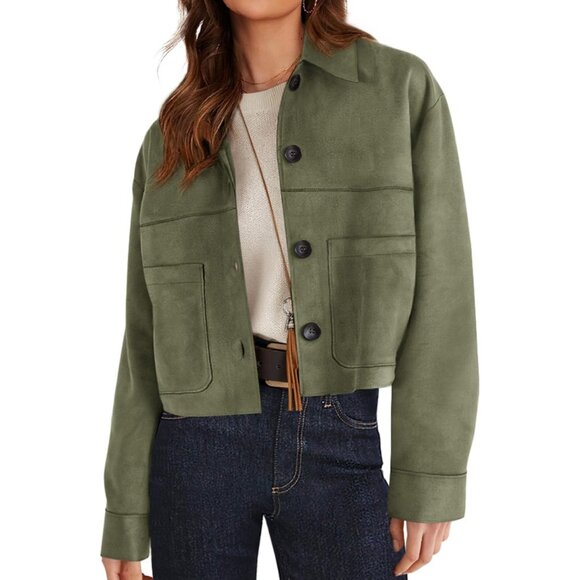 Jackets & Blazers - Women's Army Green Faux Suede Cropped Jacket Casual Lightweight Fall Fashion